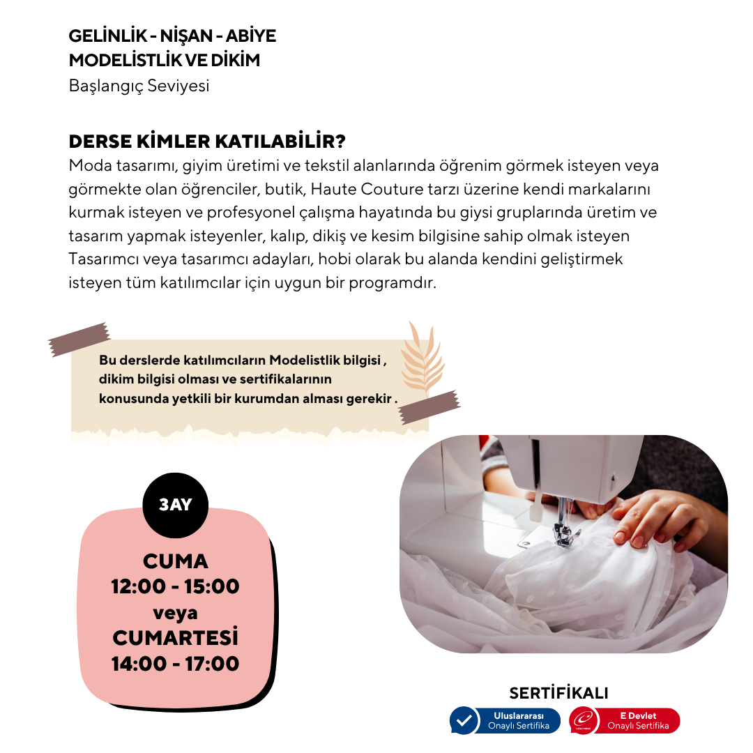 Gelinlik-Nişan-Abiye Elbise Kalıp Çıkartma Ve Dikim (Başlangıç Seviyesi)