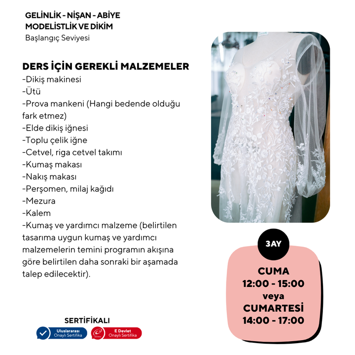 Gelinlik-Nişan-Abiye Elbise Kalıp Çıkartma Ve Dikim (Başlangıç Seviyesi)